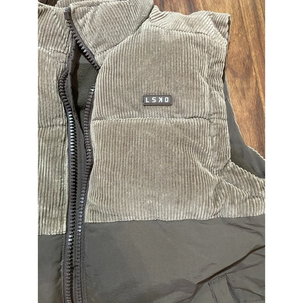 LSKD men's Winter Puffer Vest Brown Ribbed Corduroy Upper Quilted Lower Small